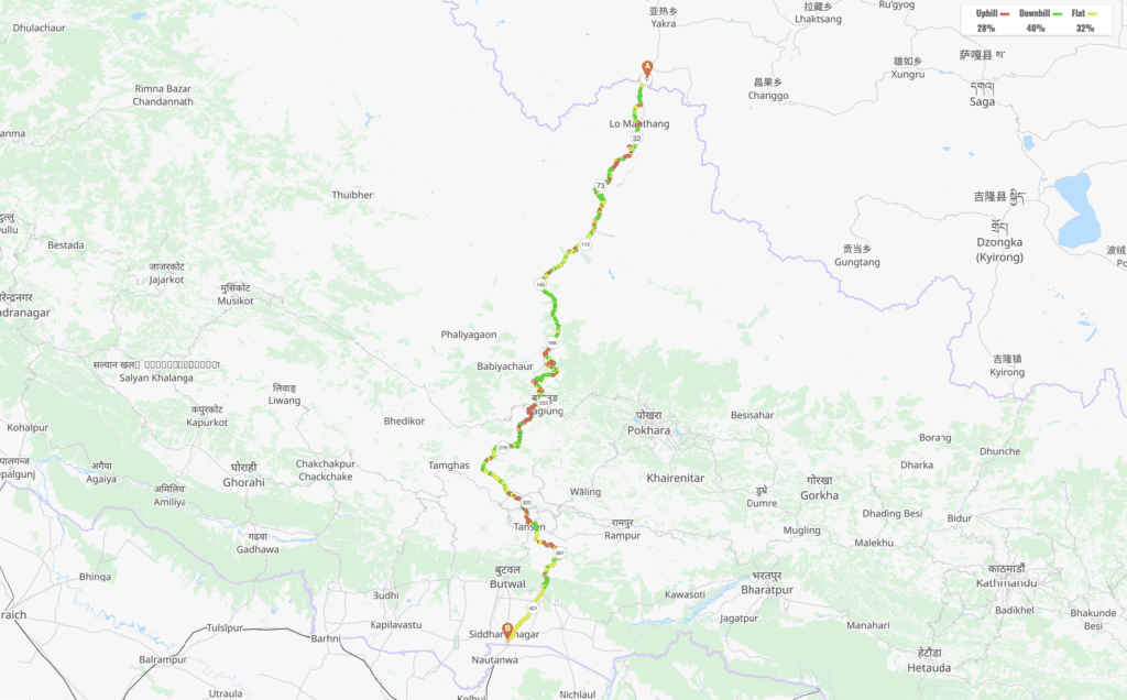 Map of Trans Nepal - LoManthang to Lumbini