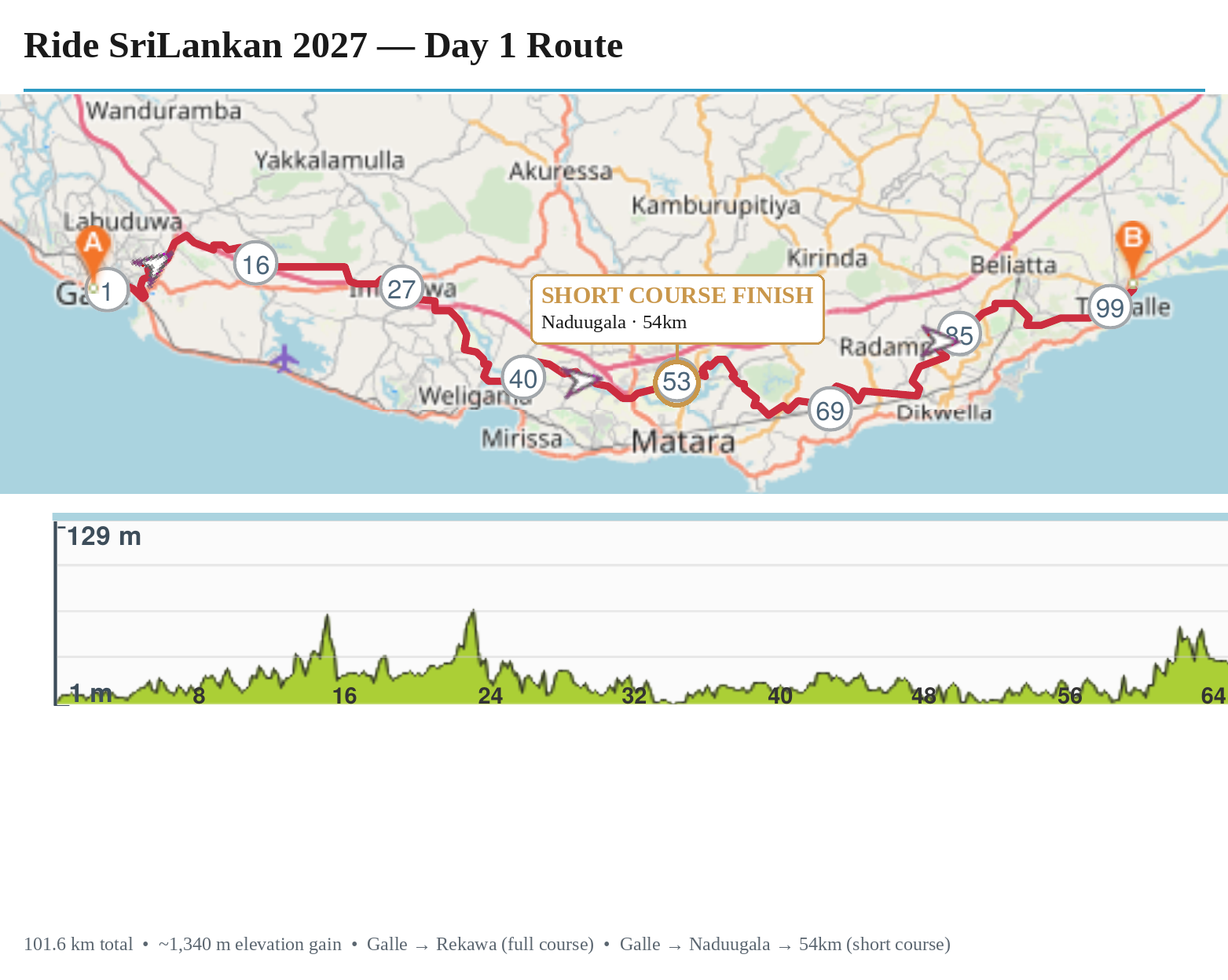Ride SriLankan 2027 Day 1 route map and elevation profile, Galle to Rekawa